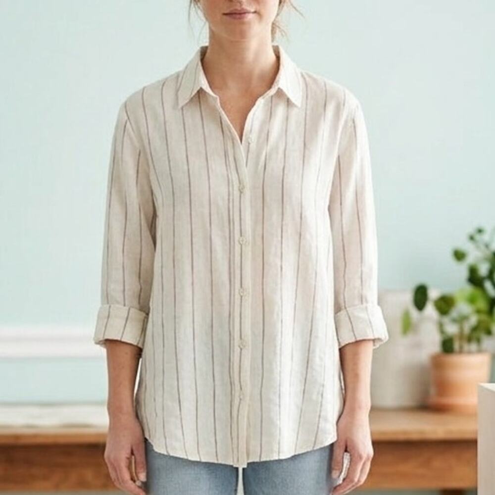 Maven West 100% Linen Button Up Shirt Small Cream Brown Stripe Oversized Top